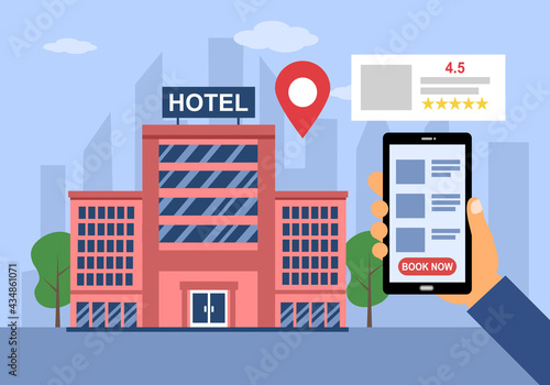 Man reading review and make a hotel reservation via smartphone app in flat design. Hotel booking concept vector illustration.