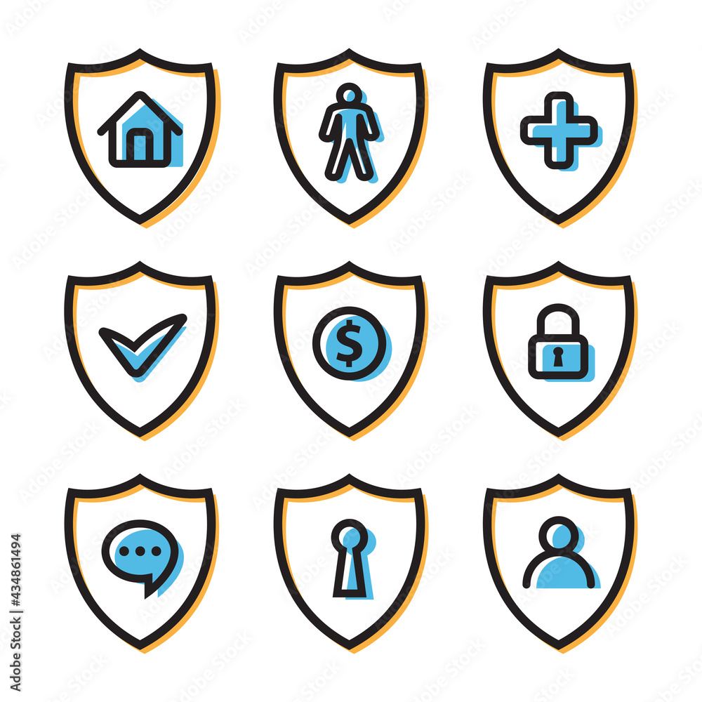 security themed icons, form shield shape, set collection design vector security themed icons, form shield shape, set collection design vector