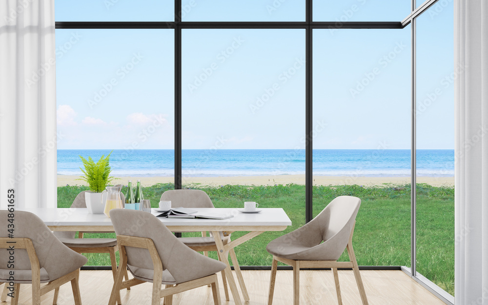 Dining table and chairs on wooden floor of large dining room with curtains in modern house or luxury hotel. Minimal home interior 3d rendering with sky and sea view.