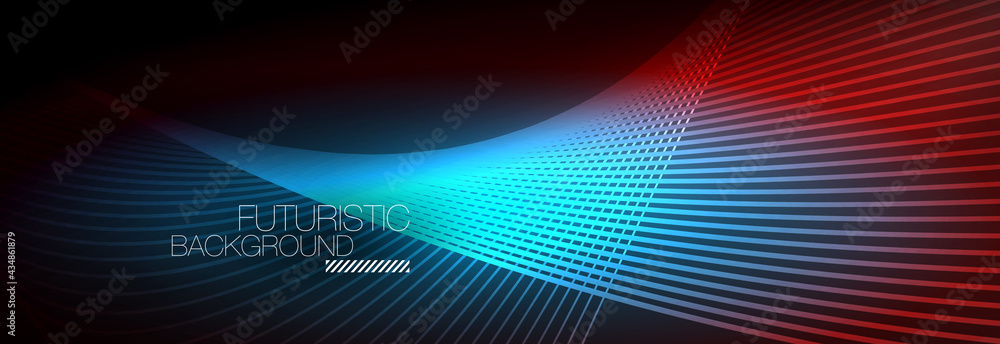 Abstract neon glowing light in the dark with waves. Shiny magic energy and motion concept, vector abstract wallpaper background Abstract neon glowing light in the dark with waves. Shiny magic energy and motion concept, vector abstract wallpaper background