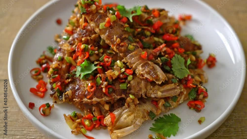 Stir-fried Mantis Shrimp or Crayfish with Chilli and Salt - Seafood style Stir-fried Mantis Shrimp or Crayfish with Chilli and Salt - Seafood style