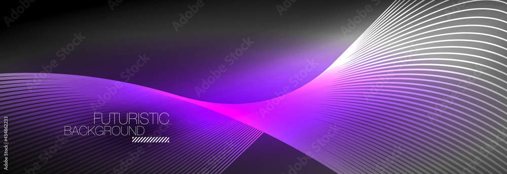 Abstract neon glowing light in the dark with waves. Shiny magic energy and motion concept, vector abstract wallpaper background Abstract neon glowing light in the dark with waves. Shiny magic energy and motion concept, vector abstract wallpaper background