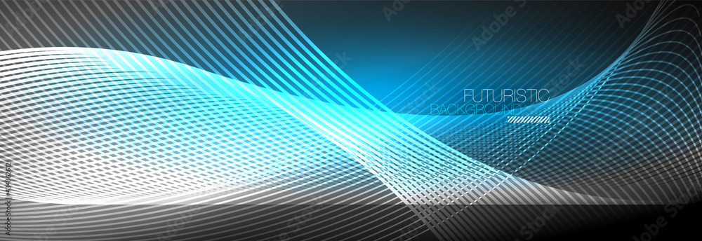 Abstract neon glowing light in the dark with waves. Shiny magic energy and motion concept, vector abstract wallpaper background Abstract neon glowing light in the dark with waves. Shiny magic energy and motion concept, vector abstract wallpaper background