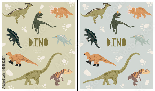 Set of cute vector posters with funny flat dinosaurs in cartoon style. Illustration for children's encyclopedias and materials about dinosaurs. Ancient animals. Dinosaurs on green and blue backgrounds