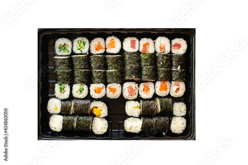 fresh sushi roll seafood multicolored maki susi salmon, tuna, rice, nori, wasabi, sesame asian food 