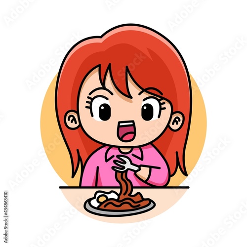 Cute girl eat noodles cartoon illustration