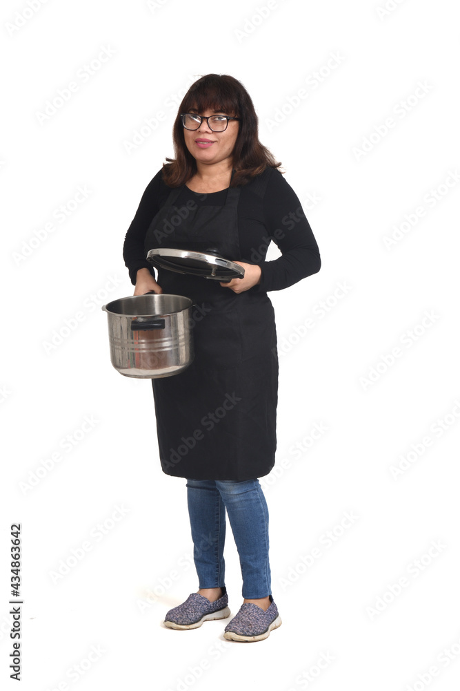 woman with a pot standing on white background woman with a pot standing on white background