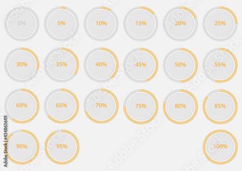 Set of round circle percentage meter for progress report. Flat yellow volume icon indicator vector. 5 step loader.