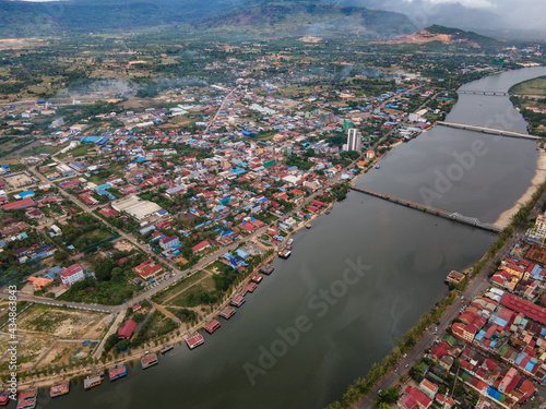 Stunning shots by drone from Kampot city in south of Cambodia, amazing old architecture struggling with the actual world