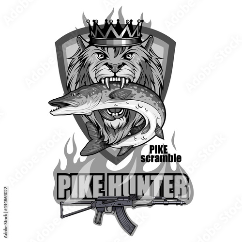 Pike Image. Fishing Pike Tournament. Pike competition logo. Fish monster. Sketch for mascot, logo or symbol. Sport fishing club. Vector graphics to design