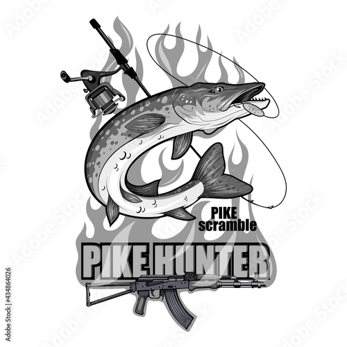 Pike Image. Fishing Pike Tournament. Pike competition logo. Fish monster. Sketch for mascot, logo or symbol. Sport fishing club. Vector graphics to design