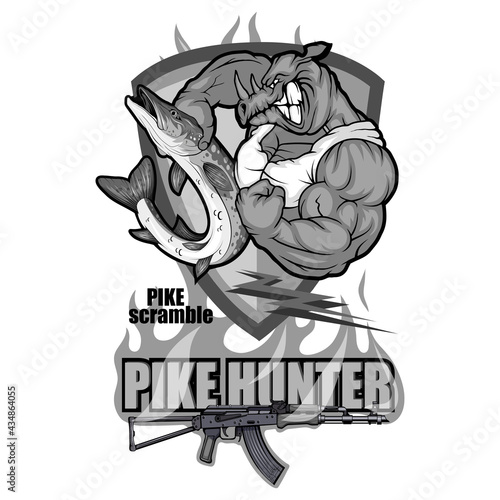 Pike Image. Fishing Pike Tournament. Pike competition logo. Fish monster. Sketch for mascot, logo or symbol. Sport fishing club. Vector graphics to design