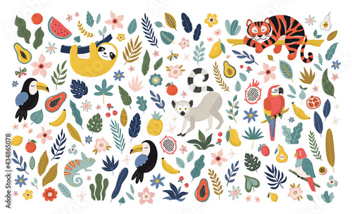 Tropical vector collection with exotic animals, flowers, plants and fruits. Cute hand drawn vector illustration.
