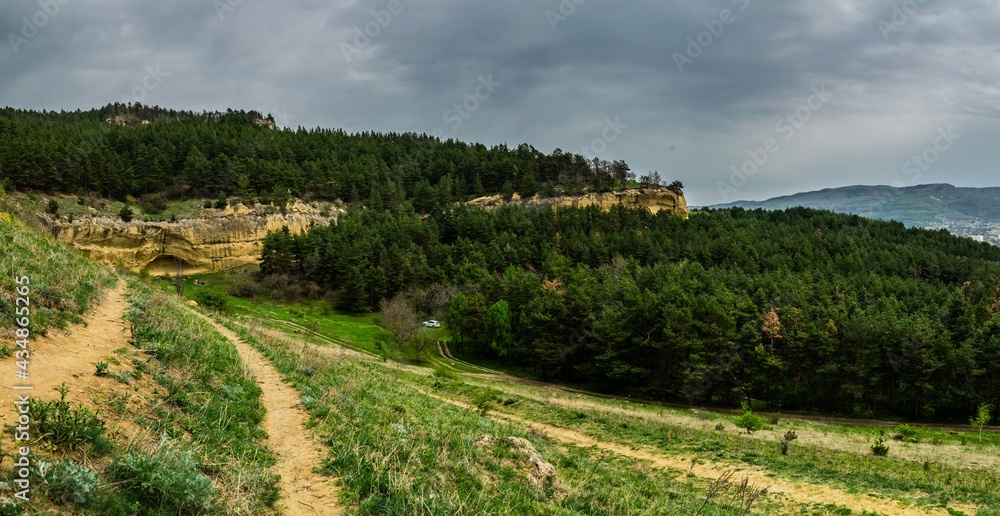 Panoramic landscape view, mountain cliff over green pine forest during cloudy day, Kislovodsk city, caucasus mountains, Russia