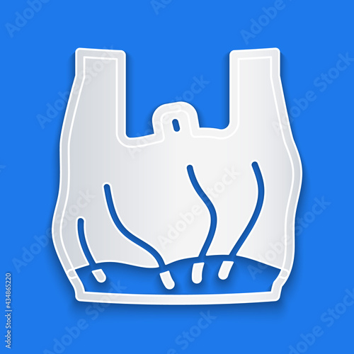 Paper cut Say no to plastic bags poster icon isolated on blue background. Disposable cellophane and polythene package prohibition sign. Paper art style. Vector