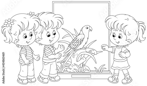 Happy little kids walking at a zoological garden and watching a funny tropical parrot with bright plumage and a long tail, black and white outline vector cartoon illustration for a coloring book