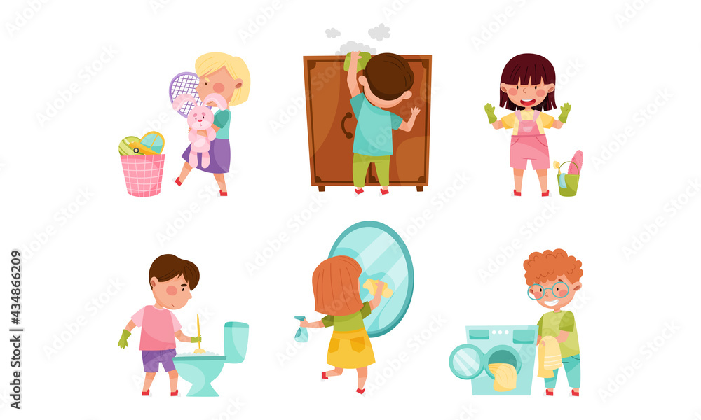 Little Boy and Girl Washing Mirror and Dusting Vector Set Little Boy and Girl Washing Mirror and Dusting Vector Set
