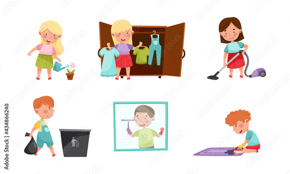 Little Boy and Girl Rubbing Carpet and Vacuum Cleaning Vector Set