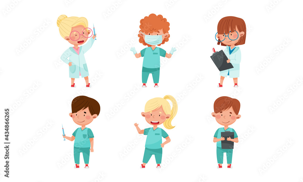 Cheerful Kids in Medical Wear Playing Doctors and Nurses Vector Illustration Set Cheerful Kids in Medical Wear Playing Doctors and Nurses Vector Illustration Set
