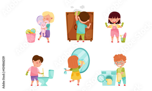Little Boy and Girl Washing Mirror and Dusting Vector Set © Happypictures