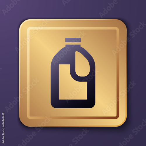 Purple Plastic bottle for laundry detergent, bleach, dishwashing liquid or another cleaning agent icon isolated on purple background. Gold square button. Vector