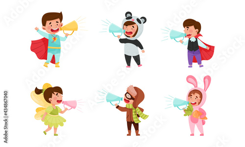 Kid Characters Wearing Fancy Dress or Costume Talking Megaphone or Loudspeaker Vector Illustration Set