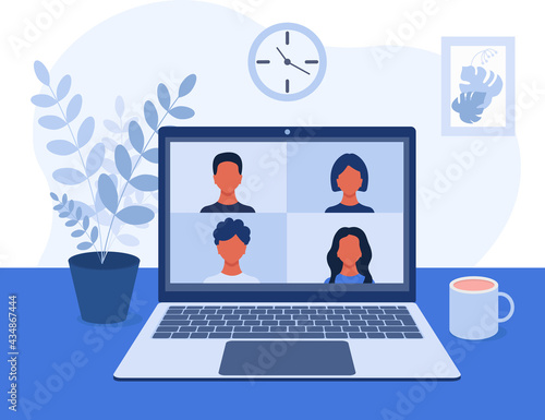 Video conference, online video communication with colleagues, friends, and students in a home or office environment. Remote work, training. Laptop screen with four people. Vector illustration in flat