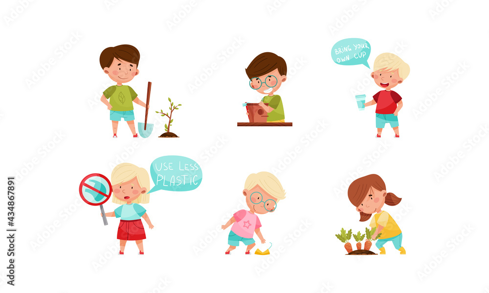 Kid Characters Refusing from Plastic and Planting Vector Set Kid Characters Refusing from Plastic and Planting Vector Set