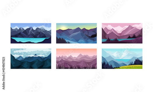 Mountain Landscape with Peaks and Rocky Hills Vector Illustration Set.