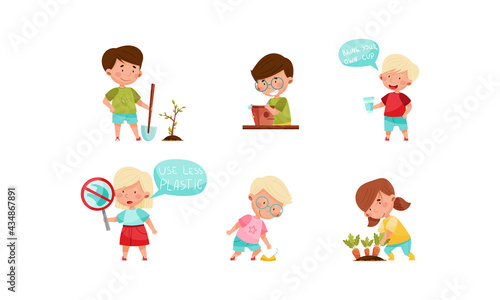 Kid Characters Refusing from Plastic and Planting Vector Set