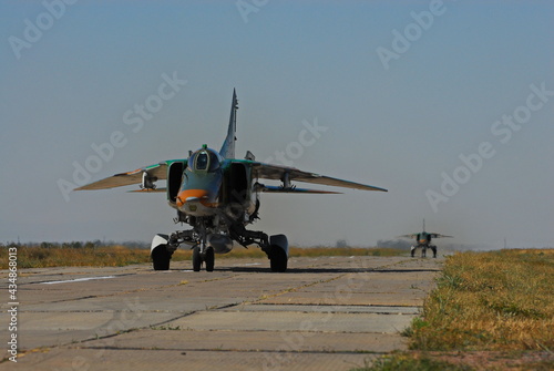 Almaty region, Kazakhstan - 09.14.2010 : A military fighter plane is preparing to take off from the runway at the base.