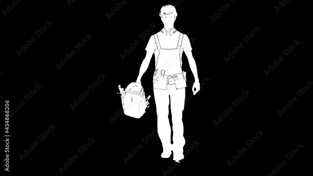 Outline white sketch of builder male in helmet with a case for tools is walking on black background. Front view Outline white sketch of builder male in helmet with a case for tools is walking on black background. Front view