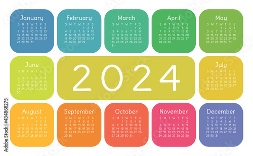 Calendar 2024 year. English colorful vector horizontal wall or pocket calender design template. New year. Week starts on Sunday