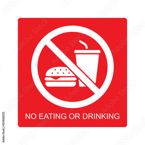 No eating or drinking sign with text, Prohibition symbol sticker for public places, Isolated on white background, Flat design vector illustration