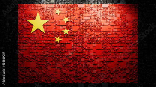 Chinese Flag rendered as Futuristic 3D blocks. China Network Concept. Tech Background. photo