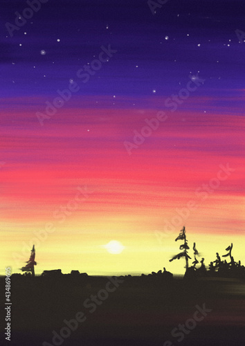 Hand painting sunset, beautiful starry sky universe space modern illustration background. 