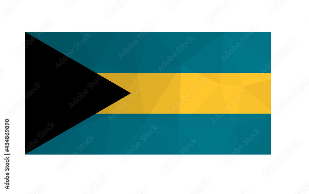 Vector isolated illustration. National flag with black triangle, bands of aquamarine and gold. Official symbol of Bahamas. Creative design in low poly style with triangular shapes. Gradient effect. Vector isolated illustration. National flag with black triangle, bands of aquamarine and gold. Official symbol of Bahamas. Creative design in low poly style with triangular shapes. Gradient effect.