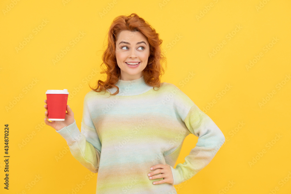happy red haired woman drink coffee. take away beverage. cheerful girl drinking tea. happy red haired woman drink coffee. take away beverage. cheerful girl drinking tea.