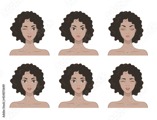 Pretty African American Girl with different facial expressions. Set of woman's emotions. Vector illustration of cartoon style