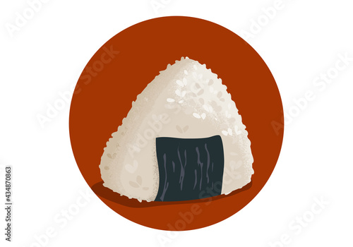 Onigiri, omusubi, nigirimeshi, or Japanese rice ball. Isolated Onigiri on red backdrop. Asian food drawing vector illustration. Close up realistic vector drawing. Onigiri logo on white background. 