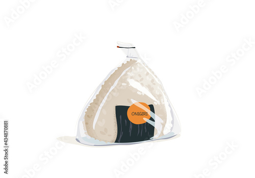 Japanese rice ball or Onigiri, omusubi, nigirimeshi in plastic package like anime food style. Isolated Onigiri on white background. Asian food close up drawing vector illustration. 