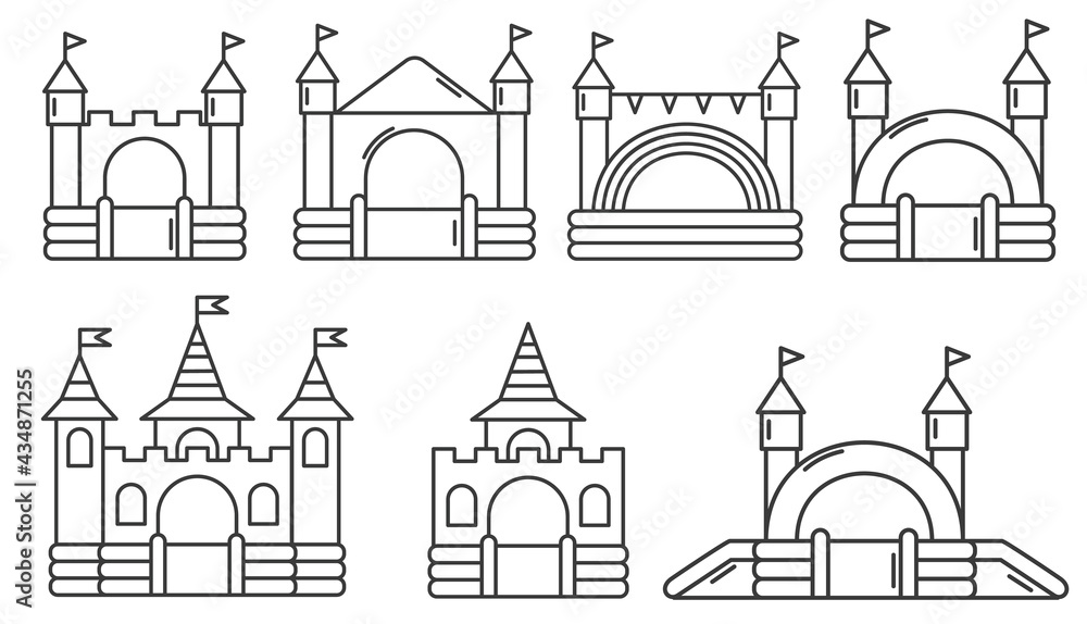 Set of bouncy inflatable castle. Tower and equipment for child playground. Vector outline illustration
