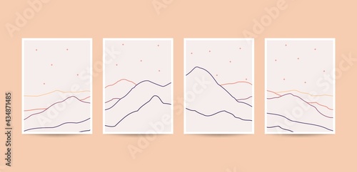 Abstract landscape aesthetic boho art print collection. Wall decor mid century minimalist flat design background.