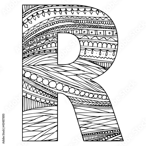 Zentangle stylized alphabet - letter R. vector illustration Black white hand drawn doodle, ethnic pattern
