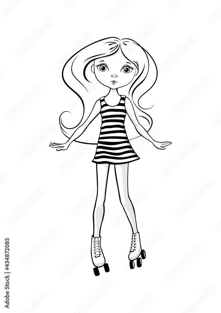 Cute girl is rollerblading. Coloring page. Cartoon design for printing t-shirts, badges, logos, labels or stickers. Vector illustration. Cute girl is rollerblading. Coloring page. Cartoon design for printing t-shirts, badges, logos, labels or stickers. Vector illustration.