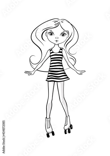 Cute girl is rollerblading. Coloring page. Cartoon design for printing t-shirts, badges, logos, labels or stickers. Vector illustration.