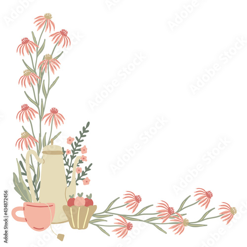 Herbal corner frame with teapot, mug of tea and wild or meadow  echinacea flowers. Summer floral design. Great for greeting card, posters, blog decorating. Hand drawn vector illustration.