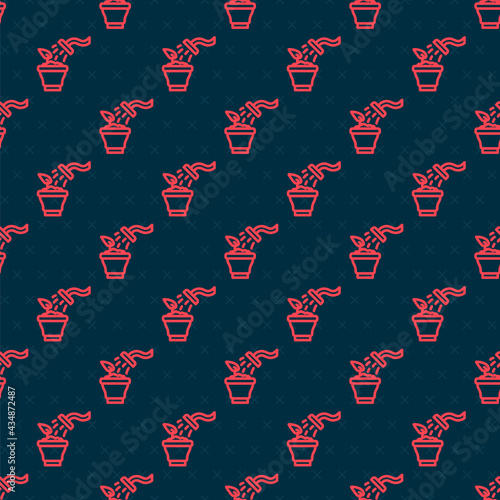 Red line Spraying a house plant with a spray gun icon isolated seamless pattern on black background. Moistening of foliage. Care for home flowers. Vector