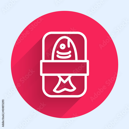 White line Fish plastic tray container with cellophane cover icon isolated with long shadow. Red circle button. Vector