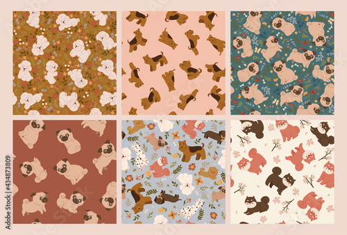 Set of seamless patterns with cute dogs. Vector graphics.